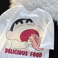 Cute Crayon Cake Eating New Print Cartoon Short Sleeved Women's T-shirt Loose and Versatile Round Ne