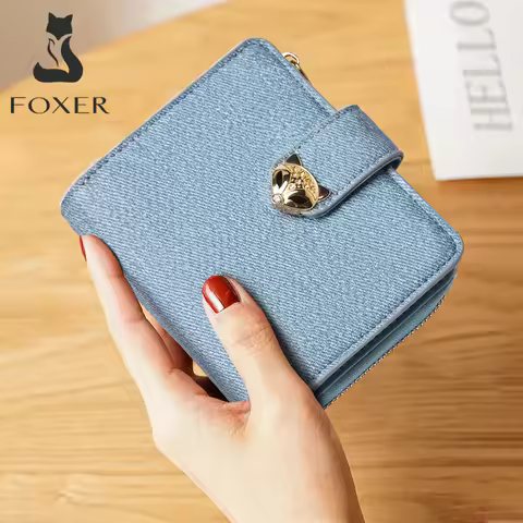 FOXER New Women's Short Wallet Anti-theft ID Credit Card Holder Fashion Zipper Coin Wallet Slim PU P