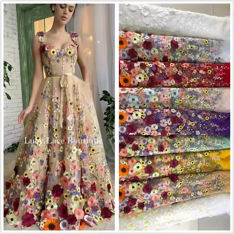 Luxury 2D Appliqued Flowers Lace Fabric Multi-colored Dress Lace Material Wholesale 2022