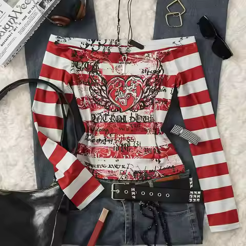 Women's Y2K Sweet 2000S red angel heart print, striped one shoulder long sleeve T-shirt, suitable fo