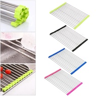 Stainless steel folding kitchen roll-up Dish drying rack over vegetable drainer sink Kitchen