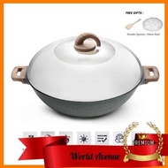 [ Local Ready Stocks ] iGOZO AMOZONAS 36CM NON-STICK PREMIUM GRANITE WOK + GLASS LID FREE : 1. WOODEN SPATULA