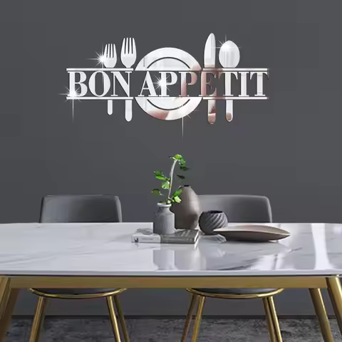 BON APPETIT Letter Board Mirror Wall Sticker DIY Acrylic Knife Fork Kitchen Sticker 3D Restaurant Ba