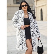 Foux Fur Women's Coat, Black And White Leopard Print, Mid-Length, Turn-Down Collar, Fashionable & Ca