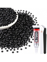 6000Pcs 3mm Resin Jelly Black Rhinestones With 1pc 9ml B7000 Jewelry Glue For Crafting, Flatback Gem