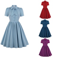 MILI S-2XL American Retro Vintage Pleated Bow Lace-Up Swing Dress - Elegant & Chic