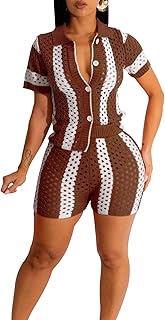 2 Piece Crochet Outfits for Women Hollow Out Knit Causal Short Sleeve Button Down Shirt and Shorts S