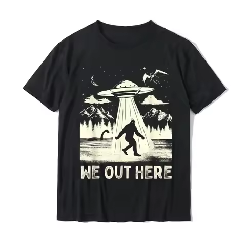 We Out Here Funny Bigfoot Cryptid UFO Abduction Printed Women T-Shirt Tops Summer Short Sleeve Round