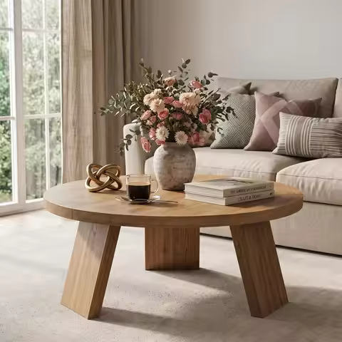 33.5 Inch Round Coffee Table For Living Room, Modern Center Table With Wood Grain Top and Angled Leg