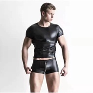 PT523 Ready Stock European American Trendy Men's Black Faux Leather Show Body Tights Suit Muscle Man