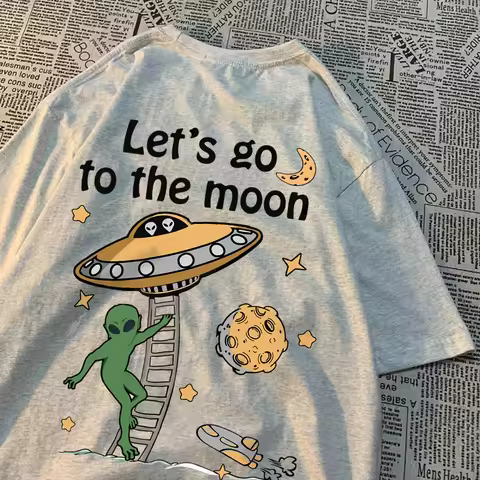 Let'S Go To The Moon Alien Ufo Mens T-Shirt Cotton Loose Tops Loose Crewneck T Shirts Casual Breatha
