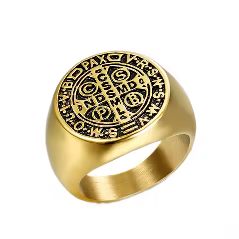 Catholic Patron Saint St Benedict of Nursia Holy Medal Cross Ring 316L Stainless Steel Mens Jewelry 
