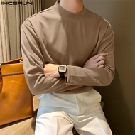 INCERUN เสื้อยืดแขนยาวคอเต่าครึ่งตัวลำลองธุรกิจของผู้ชาย,เสื้อสีทึบเรียบง่ายเสื้อยืด (สไตล์เกาหลี)