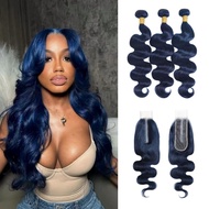 Dark Blue Bundles with 2x6 HD Transparent Lace Closure, 14 16 18 In + 2x6 Closure 14 In, 12A Body Wa