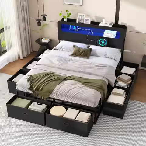 Black King Bed Frame, LED Headboard, 8-Drawer Storage & 2-Outlet Charging Station
