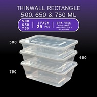 (25 PCS) Thinwall 500, 650 & 750 ml Rectangle Food Container | Clear Plastic Container + Lid - Recta