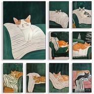 Sleeping Cat Poster Dark Green Kitten HD Art Print Home Wall Decor,No Frame Canvas Painting Gift 9FV