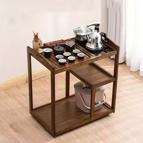 New Chinese-style Bamboo Tea Table and Cart, Integrated Tea Tray and Coffee Table, Living Room Mobil