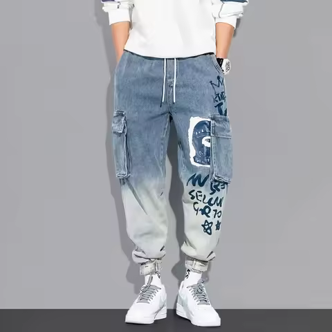2025 Fashion Classic Brand Jeans Men's Cargo Pants Pocket Outdoor Trousers Loose Safari Style Graffi
