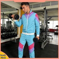 HUA  Zippered Sports Jacket 2pcs Retro 80s Disco Tracksuit Set for Men Women – Color Block Zipper Ja