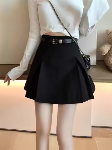 Black Woolen Suit Skirt High Waist A- Line Mini Skirt Anti-Light Checkered Women's New Style Autumn 