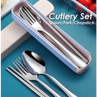 [READY STOCK] 3 in 1-Lunch Spoon Folks Chopsticks Cutlery Set Spoon Knife Eco-Friendly 304 Spoon Fol
