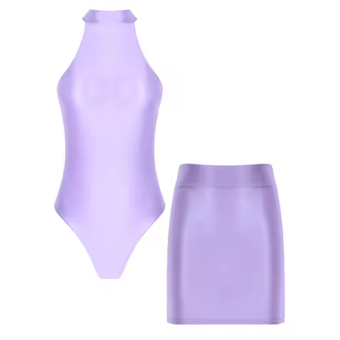 Women Glossy Outfits Swimwear Sleeveless Back Zipper Bodysuit Leotard with Elastic SkirtS for Club D