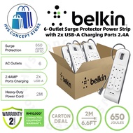 (πππ₯π§π’π‘ ππππ) BELKIN 6-OUTLET SURGE PROTECTOR POWER STRIP WITH 2x USB-A PORTS (2M) (π° π¨π‘ππ§π¦/πππ₯π§π’π‘)