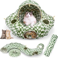 Cat Bed and Tunnel Toy - Cat Donut with Straight Tunnel, Washable Cushion, 4 Hanging Balls, 6 Peek H