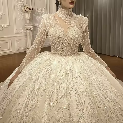 Customized Arabic Dubai Ball Gown Long Sleeve Wedding Dresses Princess Sweetheart Glitter Sequined B