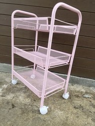 三層粉紅鐵網移動收納車｜帶鎖輪 化妝品置物架 廚房儲物車