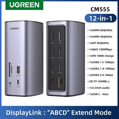 UGREEN Docking Station 12-IN-1 USB C to 8K HDMI DisplayPort "ABCD" Triple Display RJ45 PD100W Dock f
