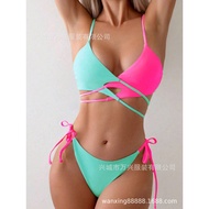 2025 New Style European American Color Matching Sling Feel Split Swimsuit Women's Three-Point Bikini