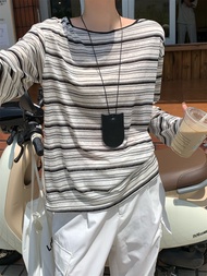 93095 Contrast Color Striped Round Neck Loose Hollow Laced-Up Long-Sleeved