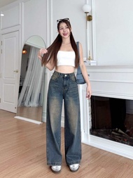 Baggy Jeans เอวสูง มีสียีนส์ฟอกและสนิมเข้มฟอก แต่งปักแบรนด์ มีไซส์ S-7XL เอว 24-44”