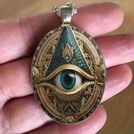 Fashion Eye Pattern Pendant Necklace-Silver Plated Alloy and Glass Mosaic Elegant Oval Amulet Design