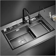 BYRCAL Single Squares, Bowl Black Brushed Bar Sink, Step Type Vegetable Washing Stainless Steel Sink, With Pull-Out Faucet(Size:75x45x24cm,Color:Black-greyb)