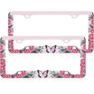 Stainless Metal Car License Plate Frame Covers with 4 Holes - 2 Pack with Unique Designs, Standard S