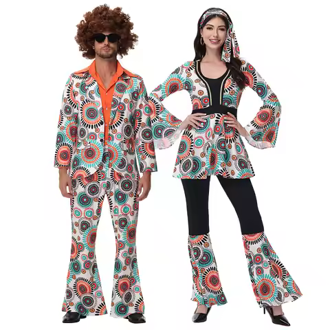 Halloween Party Disco Couples Hippie Costumes Women Male 70s 80s Rock Disco Cosplay Outfits Festival