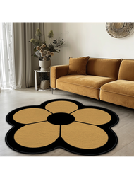 1入組金色梅花花型裝飾地毯,黑色背景外框短毛絨地墊,配有防滑底,適用於廚房、餐廳、浴室、門墊、客廳或其他場所的裝飾
