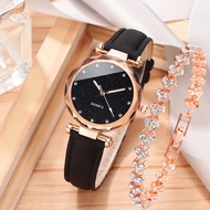 2pcs Luxury Fashion Women Watch Set PU Leather Strap Ladies Quartz Wristwatch Rhinestone RoseGold Alloy Bracelet for Ladies Gift SYUE