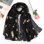 Ladies Cotton Golden Feather Scarf-Urban Style Modern Shawl 2025-Luxurious Golden Feather Pattern-Mu