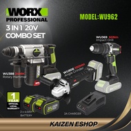 WORX WU962 20V 3 In 1 Combo BL Rotary Hammer+ Impact Drill + BL Angle Grinder ( WU388 , WU369 , WU80