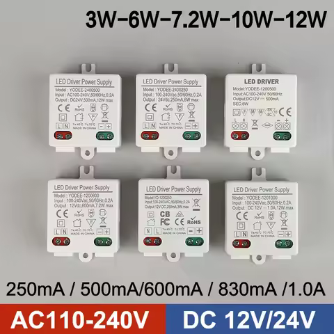 DC12V 24V Power Supply Constant Voltage Switching 3W 6W 12W Lighting LED Transformer 250 500mA 600 8