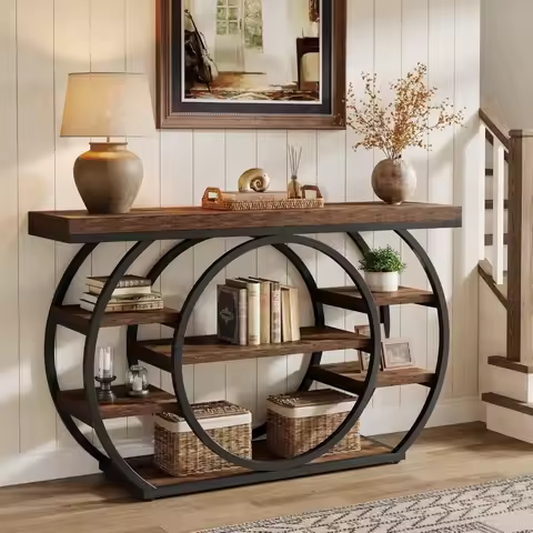 47" Console Table, 5-Tier Industrial Entryway Table with Metal Frame, Narrow Sofa Table Behind Couch