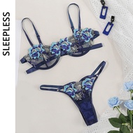 Sexy Woman Lace Transparent Floral Embroidery Bra Set Three-Point Bikini Lingerie Delicate Fancy Underwear