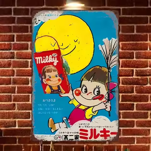 HD Metal Tin Sign Vintage Fujiya Milky Peko Chan Japanese Candy Poster Retro Wall Decor