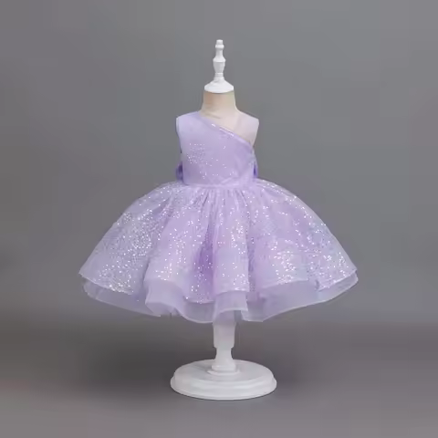 Girls Purple Sequin One Shoulder Tulle Dress Kids Formal Gown for Birthday Party Wedding and Family 