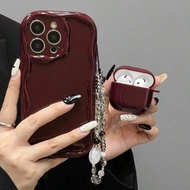1pc Burgundy Cream-Trimmed TPU Phone Case + Burgundy TPU Earbud Case Cover, Paired With A Camellia F