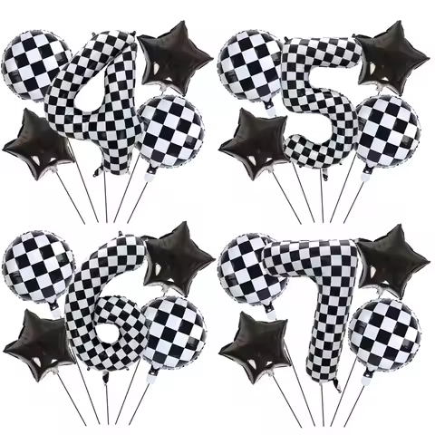 5pcs Race Car Balloon Set 40inch Checkered Number Balloon Black and White Race Car Balloons Boy Birt